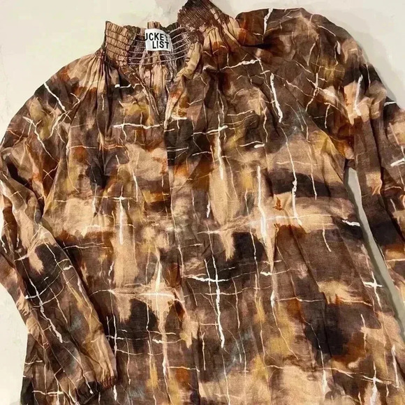 Bucket List Mood Setter Multi Brown LongSleeve Smocked VNeck Blouse Womens Small - Picture 2 of 7